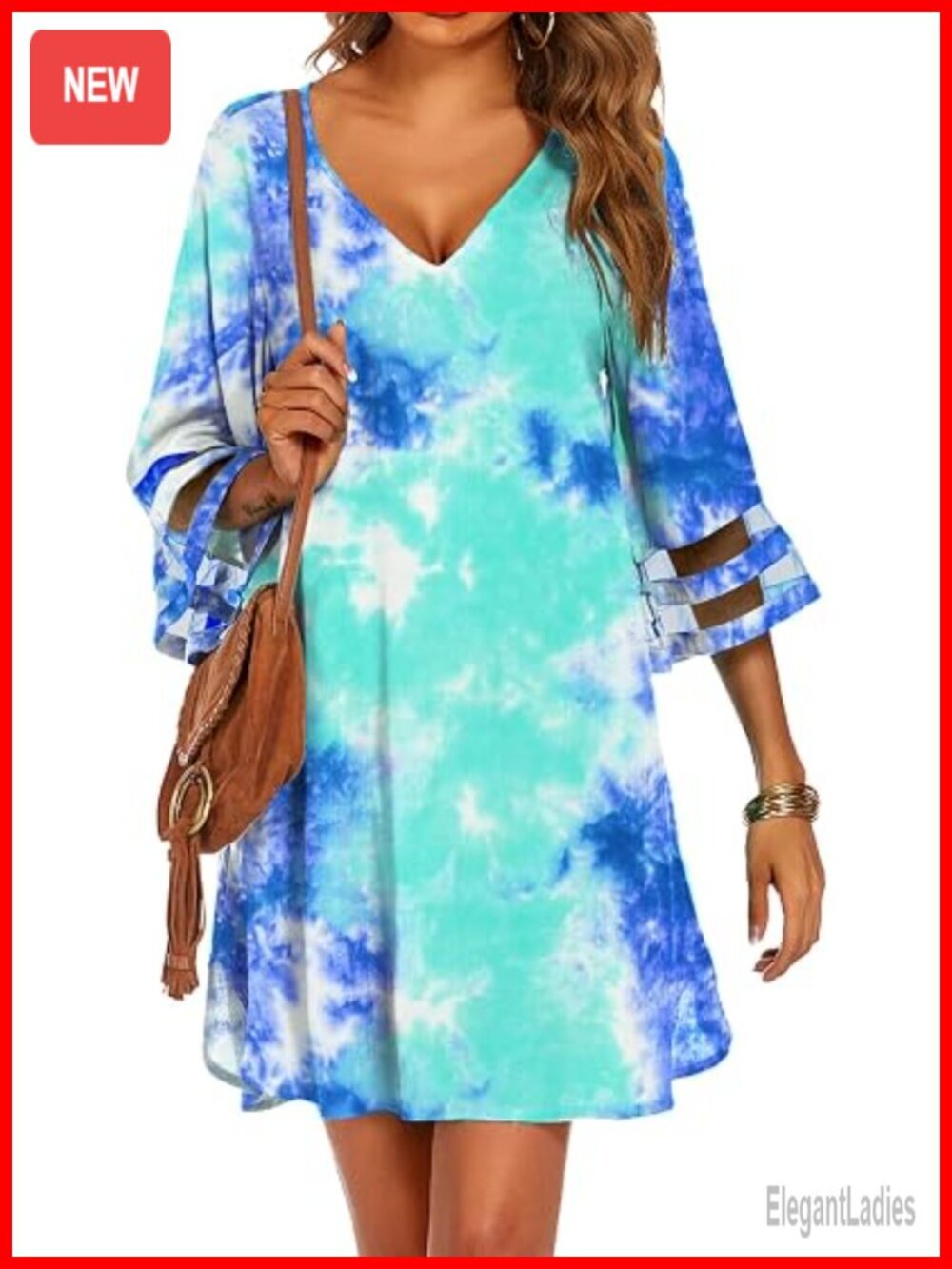 Women's 3/4 Bell Sleeve Swimsuit Cover Up Deep V-Neck Beach Dress